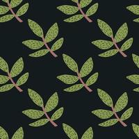 Doodle branches with leaves seamless pattern on black background. Decorative ornamental spring endless wallpaper. vector