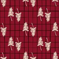 Simple botanic branch light silhouettes seamless pattern. Maroon bright background with check. vector