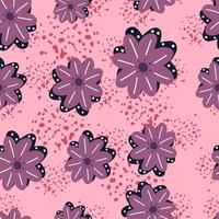 Random seamless pattern with purple daisy flowers shapes. Pink background with splashes. Simple style. vector