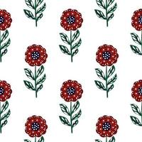 Isolated seamless pattern with folk flowers red colored ornament. White background. Vintage flora print. vector