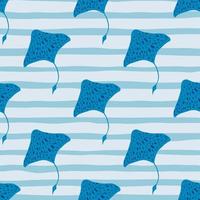 Nature ocean seamless pattern with bright blue stingray silhouettes. Striped background. Simple style. vector