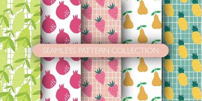 Set of fruits seamless pattern. collection of patterns - lemon with leaves, pomegranate, strawberry, pear, pineapple. vector