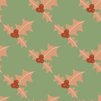 Pale pink mistletoe new year branches seamless doodle pattern. Green background. Winter stylized holiday backdrop. vector