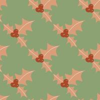 Pale pink mistletoe new year branches seamless doodle pattern. Green background. Winter stylized holiday backdrop. vector