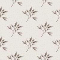 Minimalistic seamless pattern with branches ornament. Outline foliage in brown colors on light grey dotted background. vector