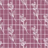 Hand drawn herbal design with white flowers and check on red background. Seamless pattern in pastel colour. vector