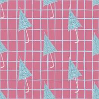 Raindrop seamless pattern with style accessory ornament. Umbrella blue shapes on pink chequered background. vector