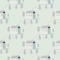 Light pastel seamless pattern with doodle house with tree ornament. Soft blue palette stylized artwork. vector