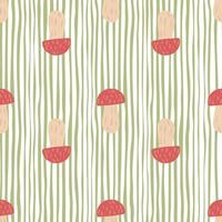 Decorative seamless pattern with red fungus mushroom silhouettes. Green and white striped background. vector