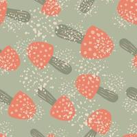 Random seamless hand drawn mushrooms pattern. Red amanitas simple silhouettes on grey background with splashes. vector