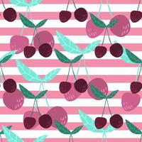 Cherry berries and leaves seamless pattern on pink stripe background. vector