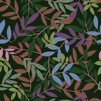 bosque de fideos hojas y brances patrón sin costuras sobre fondo negro. papel tapiz floral sin fin. telón de fondo decorativo para el diseño de telas, estampado textil, envoltura. vector