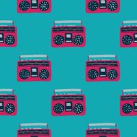 Bright tape recorder silhouette seamless pattern. Red music player ornament on blue background. vector