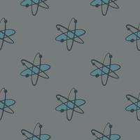 Science seamless pattern with doodle molecule ornament. Black and blue colored atoms on grey background. vector