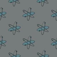 Science seamless pattern with doodle molecule ornament. Black and blue colored atoms on grey background. vector