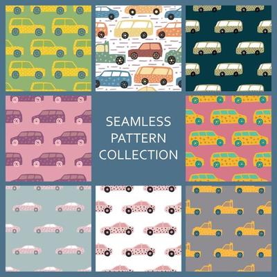 Set of hand drawn car seamless pattern. Collection cars pattern in doodle style.