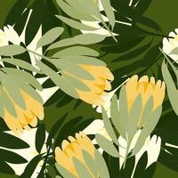 Botanic floral seamless pattern with protea flowers ornament. Green foliage elements. Isolated print. vector