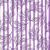 Random seamless doodle pattern with contoured purple tree branches ornament. Striped purple background. vector