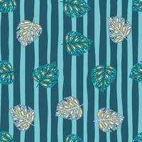 Tropical foliage seamless pattern in hand drawn style with random monstera leaf print. Blue striped background. vector