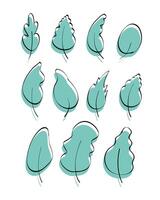 A set of stylish hand-drawn leaves with an offset outline. Doodle style. Elements for the design of postcards, books, menus or advertising. Isolated on white background. illustration. vector