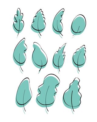 A set of stylish hand-drawn leaves with an offset outline. Doodle style. Elements for the design of postcards, books, menus or advertising. Isolated on white background. illustration.
