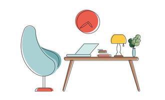 Workplace in line art colored style. Armchair, table, desk lamp, laptop, books, clock, houseplant. Good for design applications, banners, postcards or presentations. Universal concept. Vector. vector