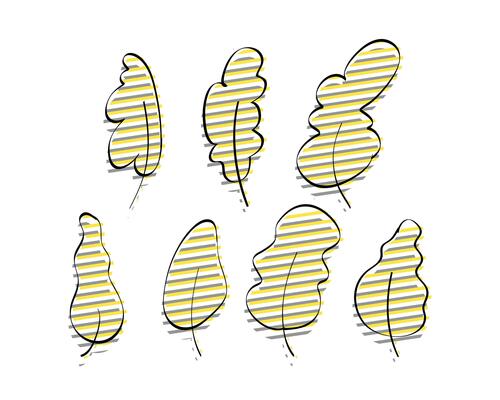 Set of stylish hand-drawn leaves with yellow-gray glitch effect. Elements for the design of postcards, books, menus or advertising. Isolated on white background. illustration.