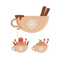 A set of hot drinks in Semicircular cups with cinnamon, cherries and sweets. Flat style. Vector illustration.