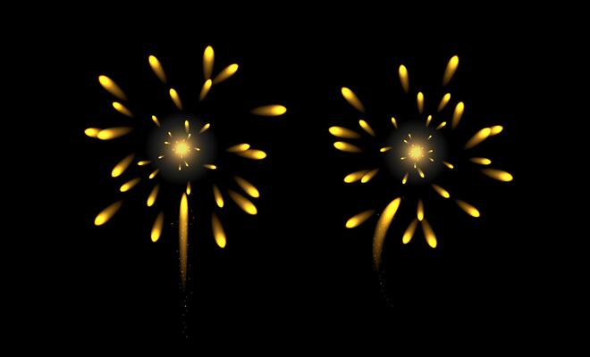 Holiday fireworks on dark background. Abstract golden fireworks explosion on transparent background. New Year celebration fireworks.