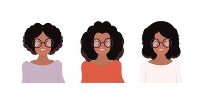 conjunto de chicas afroamericanas con gafas. una linda chica de piel oscura con cabello negro y rizado. estilo de dibujos animados ilustración vectorial aislado sobre fondo blanco. vector