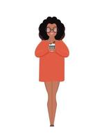 A dark-skinned girl in glasses and a long T-shirt holds a hot drink in the gooks. African American girl in full growth. Isolated. Vector. vector
