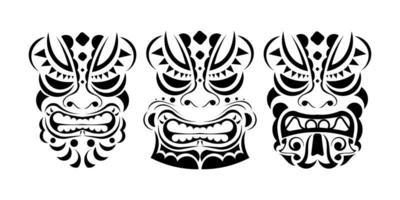 Set of Viking faces in ornament style. Polynesian, Maori or Hawaiian tribal patterns. Good for prints, tattoos, and t-shirts. Isolated. Vector illustration.