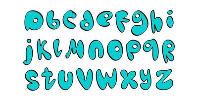 Blue Doodle style freehand font. Alphabet with rounded blown letters. Good for postcards, posters, menu designs or children's books. Vector illustration.