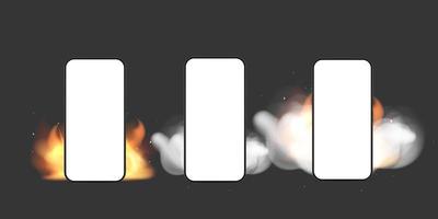 A set of phones in smoke and fire. Design element for advertising posters and banners on the theme of mobile technology repair. Also concept for hot sales, promotions or promotions. Vector. vector