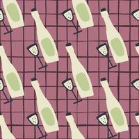 Abstract seamless pattern with wine bottles and glasses. Doodle simple print in light and green tones on pink chequered background. vector