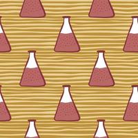 Seamless chemistry pattern with maroon glass bulb silhouettes. Simple flask print on striped ocher background.