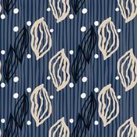 Leaf outline silhouettes seamless doodle pattern. Stylized floral ornament on navy stripped background with dots. vector