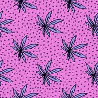 Bright seamless ganja pattern. Hand drawn sheet elements in blue color on lilac background with dots. vector