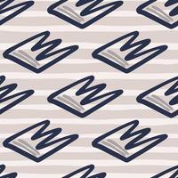 Seamless doodle random pattern with crown outline elements. Ornament with navy blue contour on pastel purple background with strips. vector