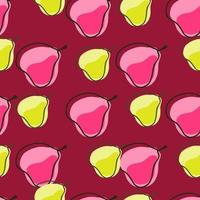 Vegeterian seamless pattern with bright yellow and pink contoured pears ornament. Hand drawn fruit artwork. vector