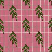 Hand drawn green contoured branches ornament seamless pattern. Bright pink chequered background. vector