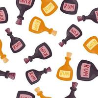 Random seamless isolated pattern with yellow and purple rum bottles ornament. White background. vector