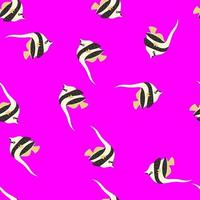 Tropical seamless random pattern with scrapbook imperial angelfish silhouettes. Bright pink background. vector