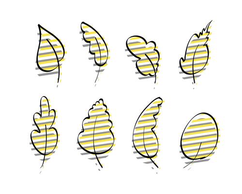Set of stylish hand-drawn leaves with yellow-gray glitch effect. Elements for the design of postcards, books, menus or advertising. Isolated on white background.