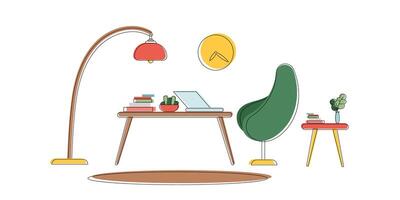 Workplace in line art style. Table, laptop, floor lamp, carpet, books and houseplant. For applications, websites and presentations. Vector illustration.