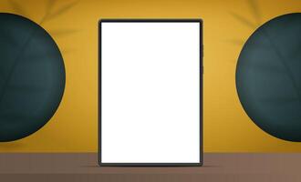 Tablet with a white screen. Yellow room with design background and empty shelf. Yellow studio background space with leaf shadows. Vector. Realistic style. vector