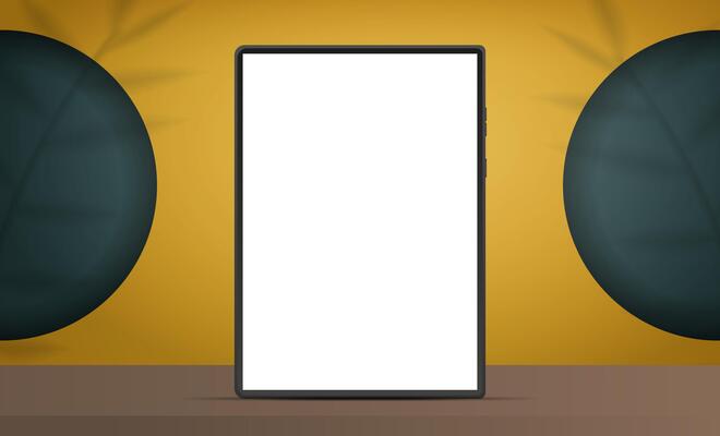 Tablet with a white screen. Yellow room with design background and empty shelf. Yellow studio background space with leaf shadows. Vector. Realistic style.