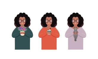 A set of African American girls in glasses holds a gray cat, flowers and a cup in her hands. Pretty dark-skinned woman. Funny cat. Flat style. Isolated. Vector. vector