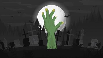 Halloween background with zombies hand in graveyard and the full moon. Vector illustration