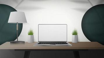 White room with work desk, laptop, lamp and houseplants. Laptop with a white screen. Vector illustration